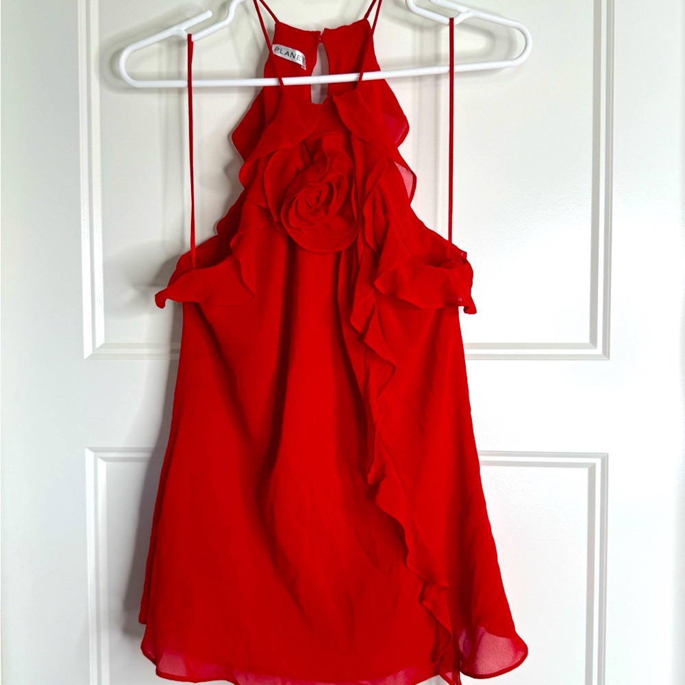 Women’s Planet Red Silk Chiffon Ruffled Halter Top